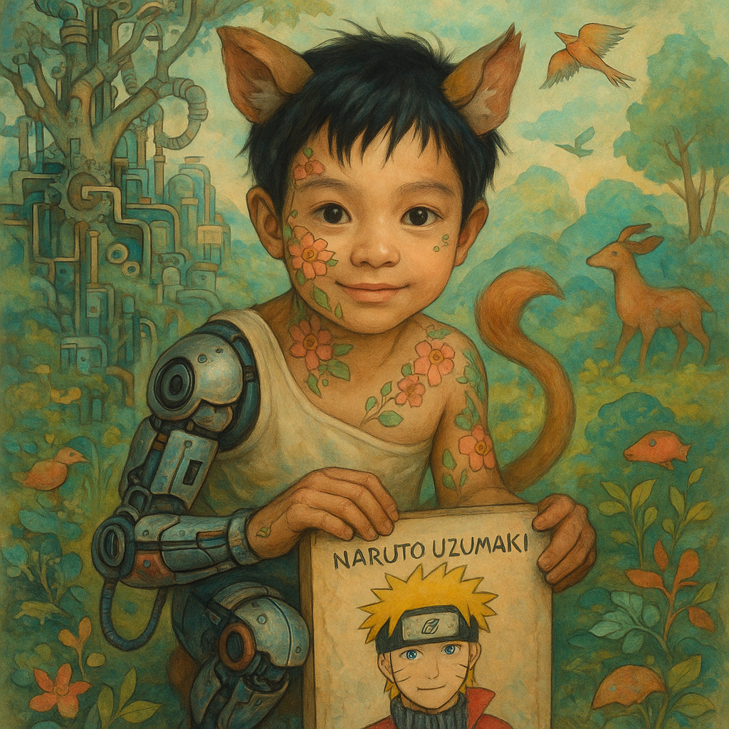 Surrealism art of this boy that fuse with machine, animals and nature features