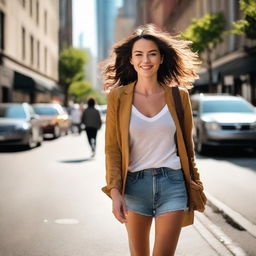 A beautiful woman walking on a lively city street during the day.