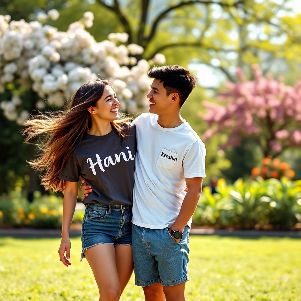 A romantic scene featuring a couple, the girl is wearing a stylish t-shirt with the name 'Hani' printed on it, and the boy is sporting a matching t-shirt with the name 'Kenshin'