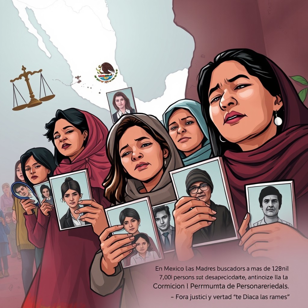 An impactful illustration depicting mothers searching for their missing loved ones in Mexico