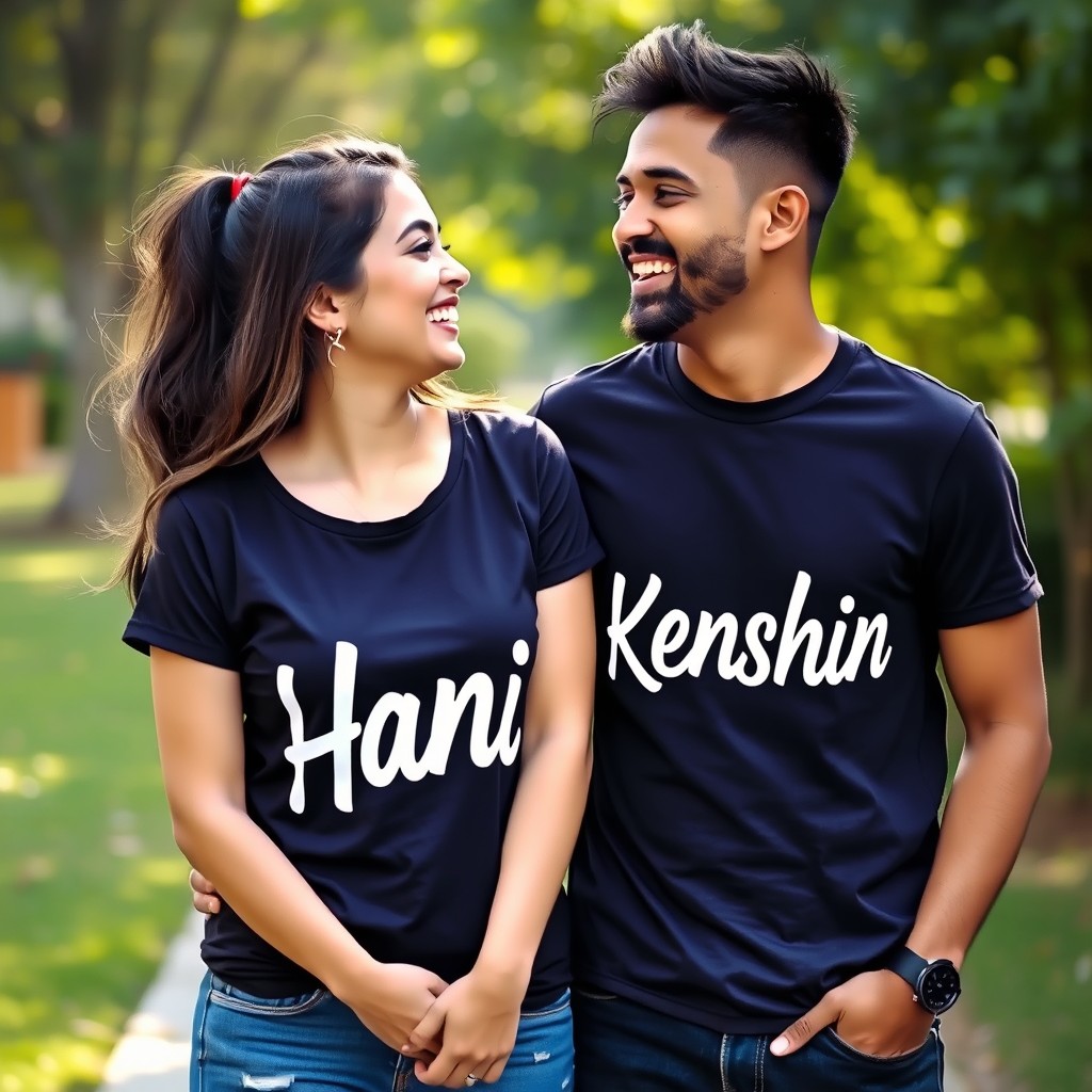 A joyful couple standing close together, both wearing matching t-shirts