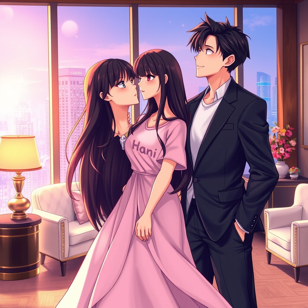 A romantic scene depicting a girl with long black-brown hair and bright pink eyes wearing a long frock that gently hugs her figure, gazing lovingly at her husband, a boy with black hair and brown eyes dressed in a sharp business suit