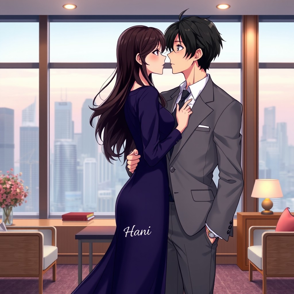 A beautiful couple in a CEO's chamber, featuring a girl with long black-brown hair and striking bright pink eyes, wearing a long frock that elegantly hugs her figure