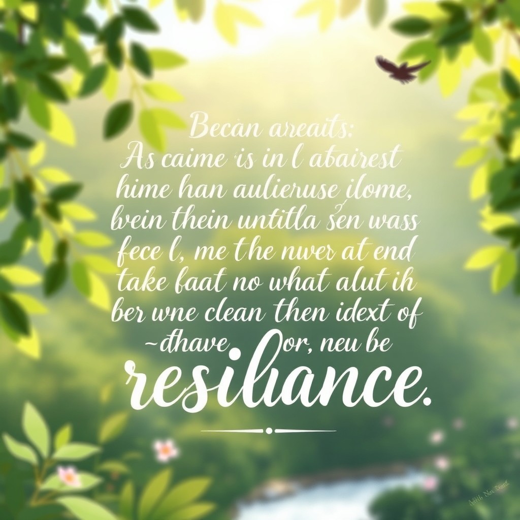 A beautifully illustrated quote about resilience, featuring calming nature scenery in the background with soft sunlight filtering through the leaves