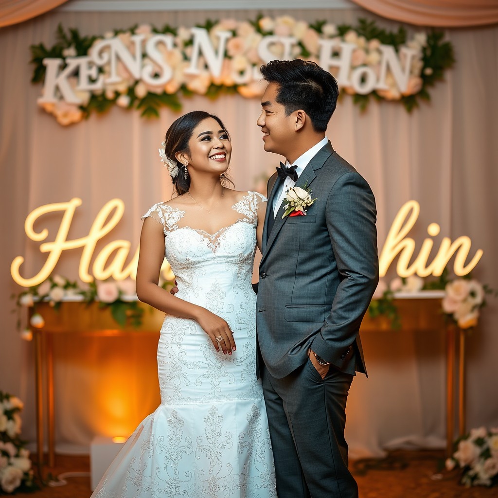 A beautiful couple standing together, the bride wearing an elegant wedding dress with intricate lace details and the groom in a classic tailored suit