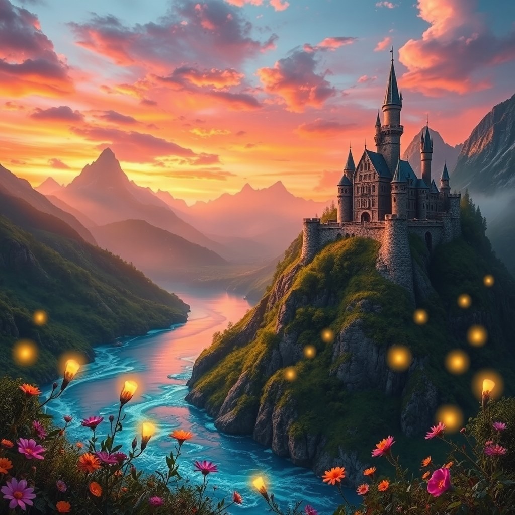 A stunning fantasy landscape featuring an ancient castle perched atop a cliff, surrounded by lush, vibrant greenery and a sparkling blue river below
