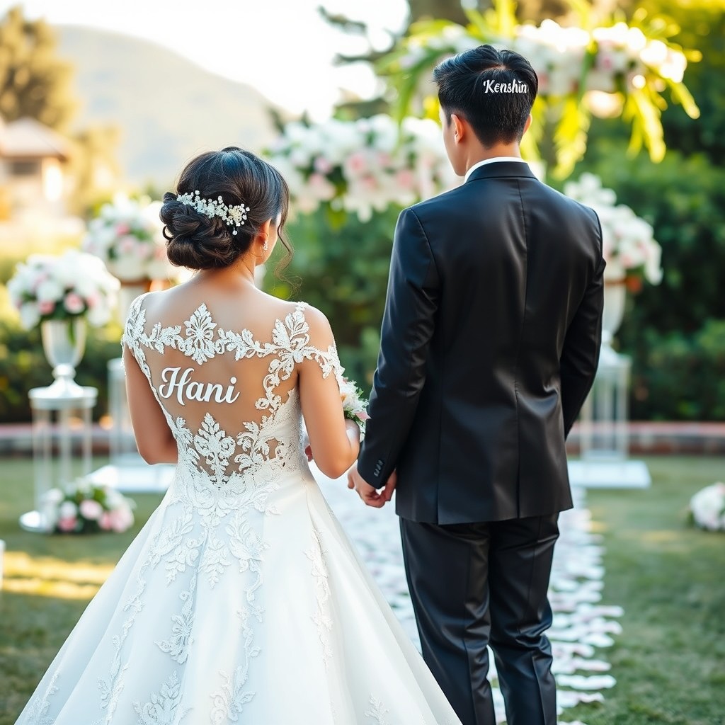 A beautiful wedding scene featuring a woman and a man dressed in elegant wedding attire
