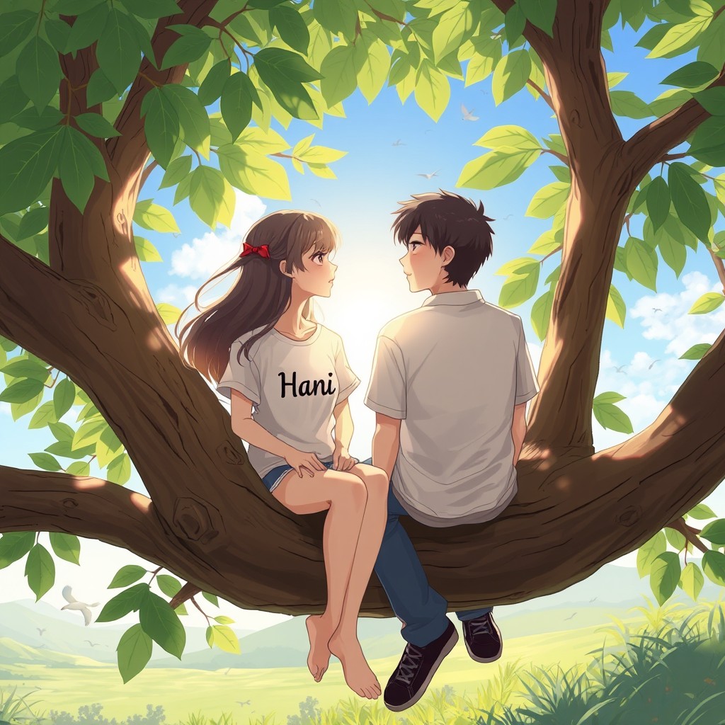 A romantic scene featuring a couple sitting together on a sturdy tree branch, surrounded by lush green leaves
