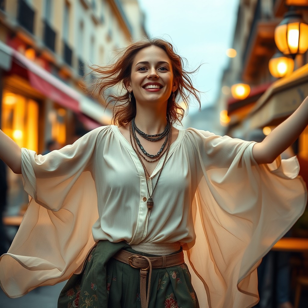 A woman in her mid-20s, showcasing a free-spirited and carefree expression