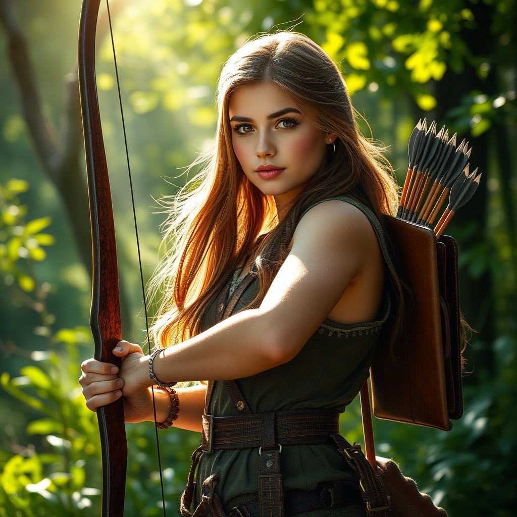 A beautiful girl standing confidently in a lush green forest, holding a bow with a determined expression on her face