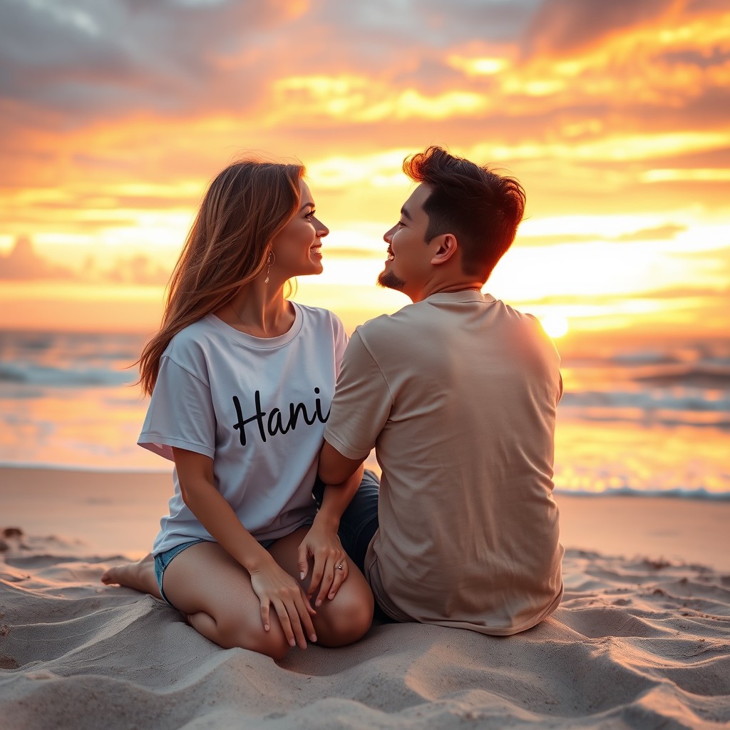 A romantic couple sitting on a beautiful beach during sunset