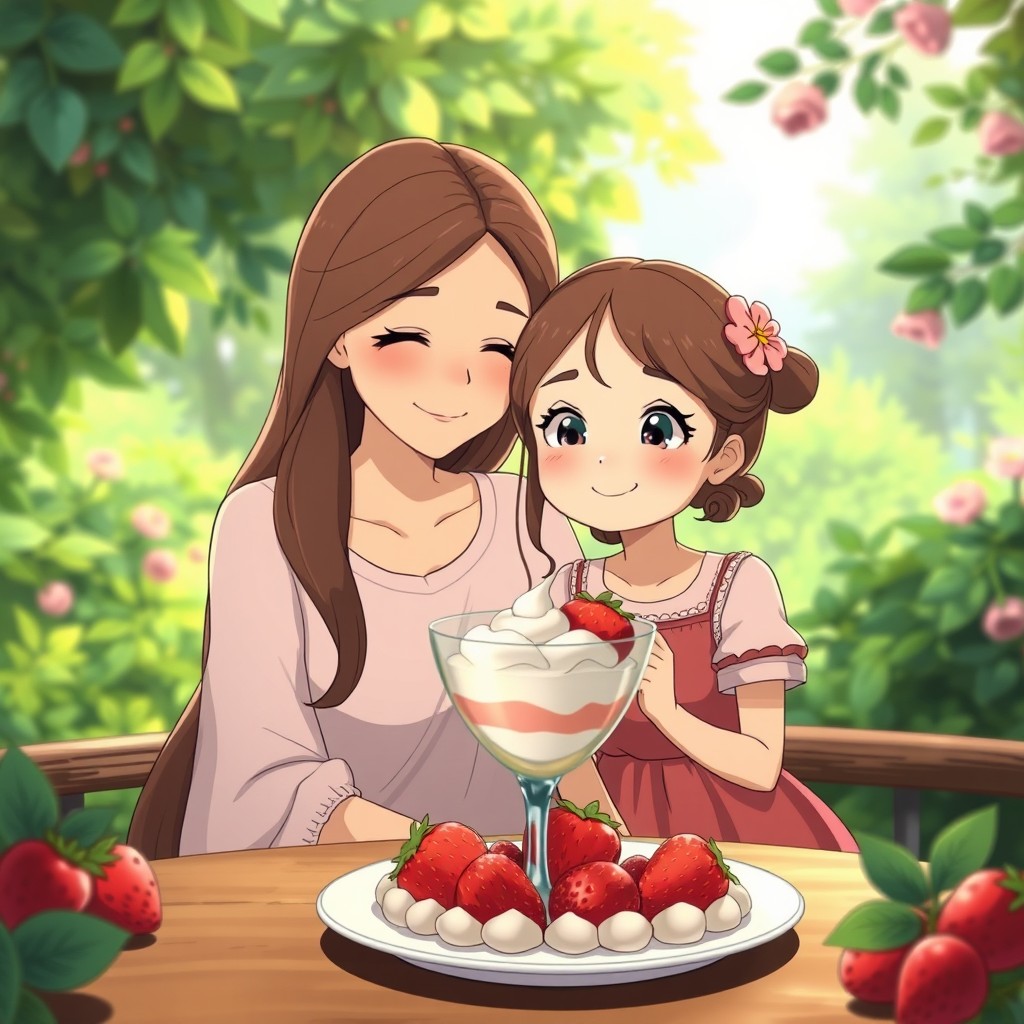 A heartwarming scene of a loving mother and her daughter sitting together, smiling, with a beautifully crafted glass of strawberries and cream in front of them