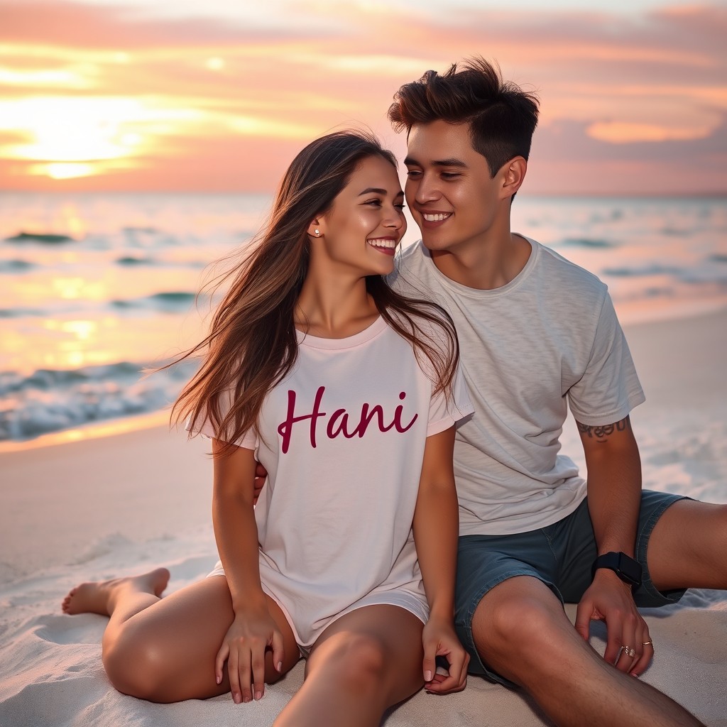 A romantic couple sitting closely on a serene beach during sunset