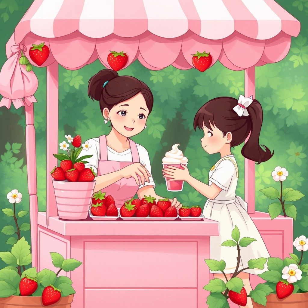 A heartwarming scene depicting a mother and her daughter working together at a pink cart selling fresh strawberries with cream