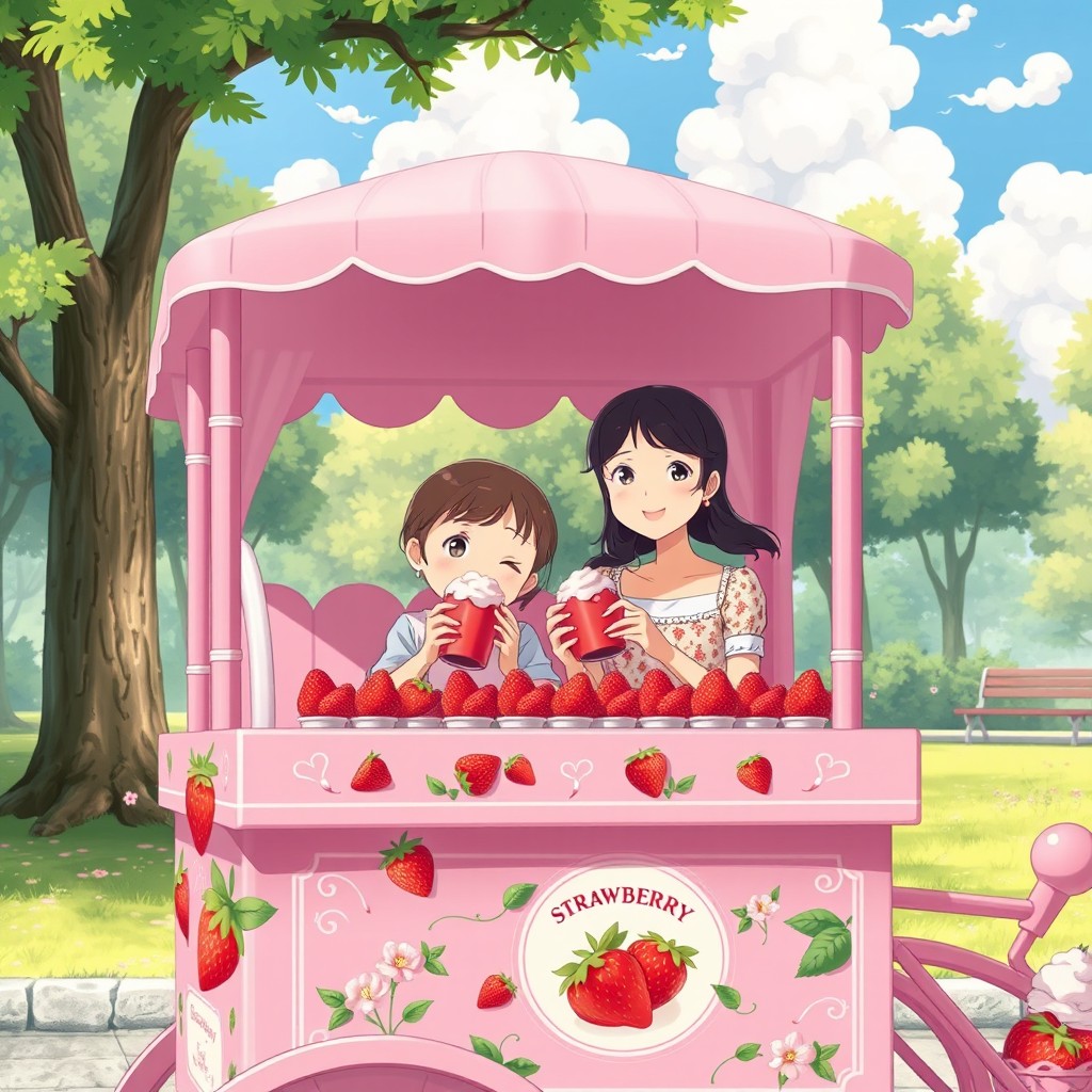 A charming scene depicting a mother and her daughter sitting in a pink strawberry cart, showcasing the cart that beautifully sells strawberries with cream