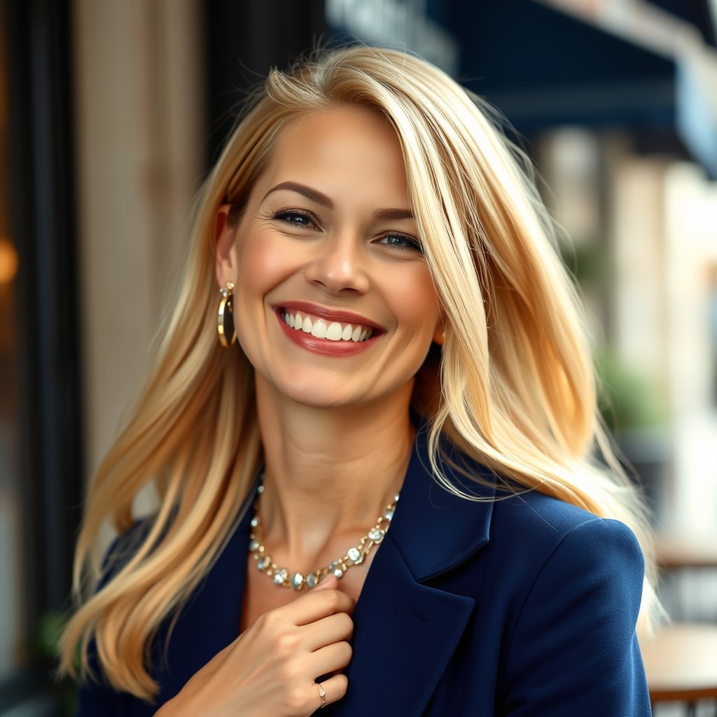 A blonde French woman in her mid-20s, radiating positivity with a bright smile