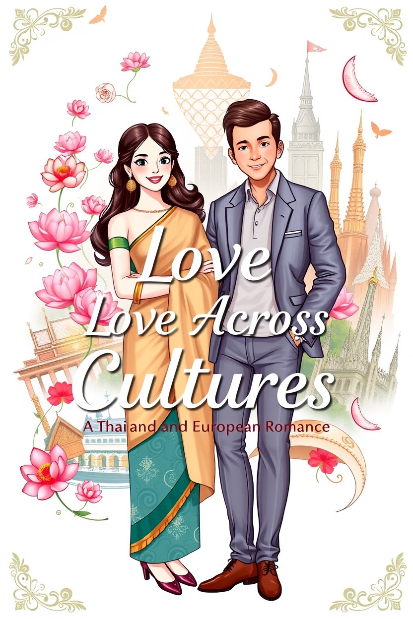 A beautifully illustrated cover design for a book titled 'Love Across Cultures: A Thai and European Romance'