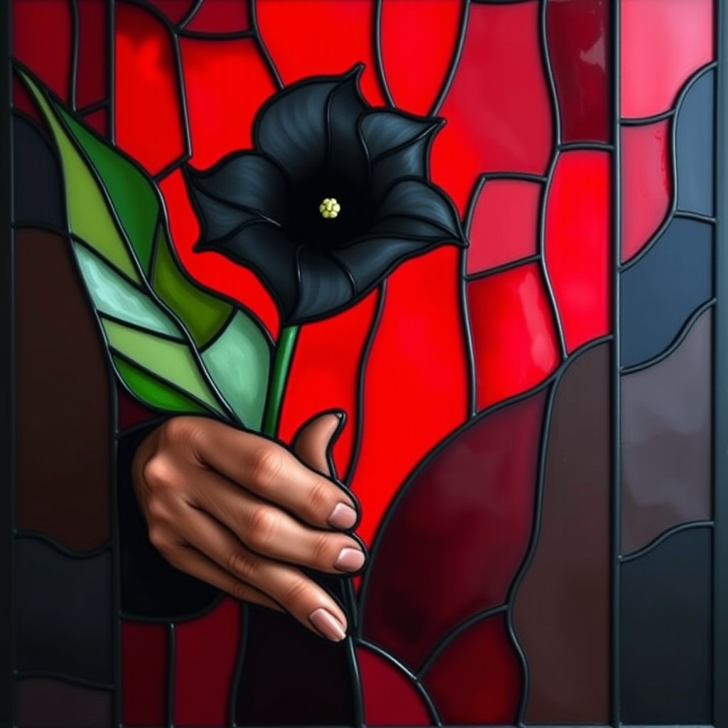 A striking stained glass style painting featuring a man holding a black datura flower elegantly in his hand