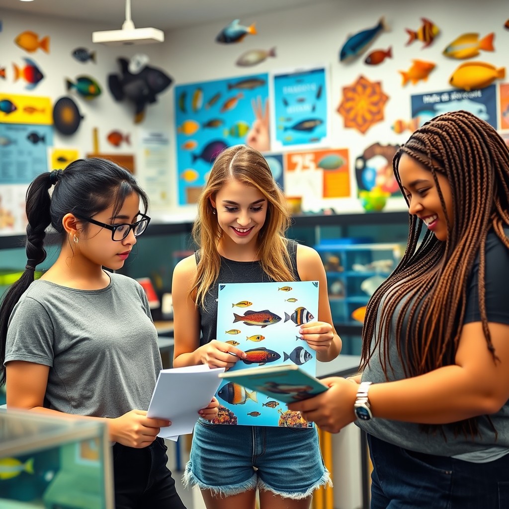 Three college girls studying about fish in a vibrant classroom setting