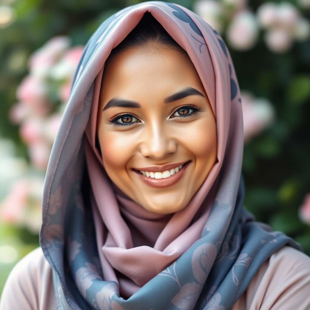 A portrait of a serene woman with a warm smile, wearing a stylish hijab that elegantly drapes over her head, fully covering her hair