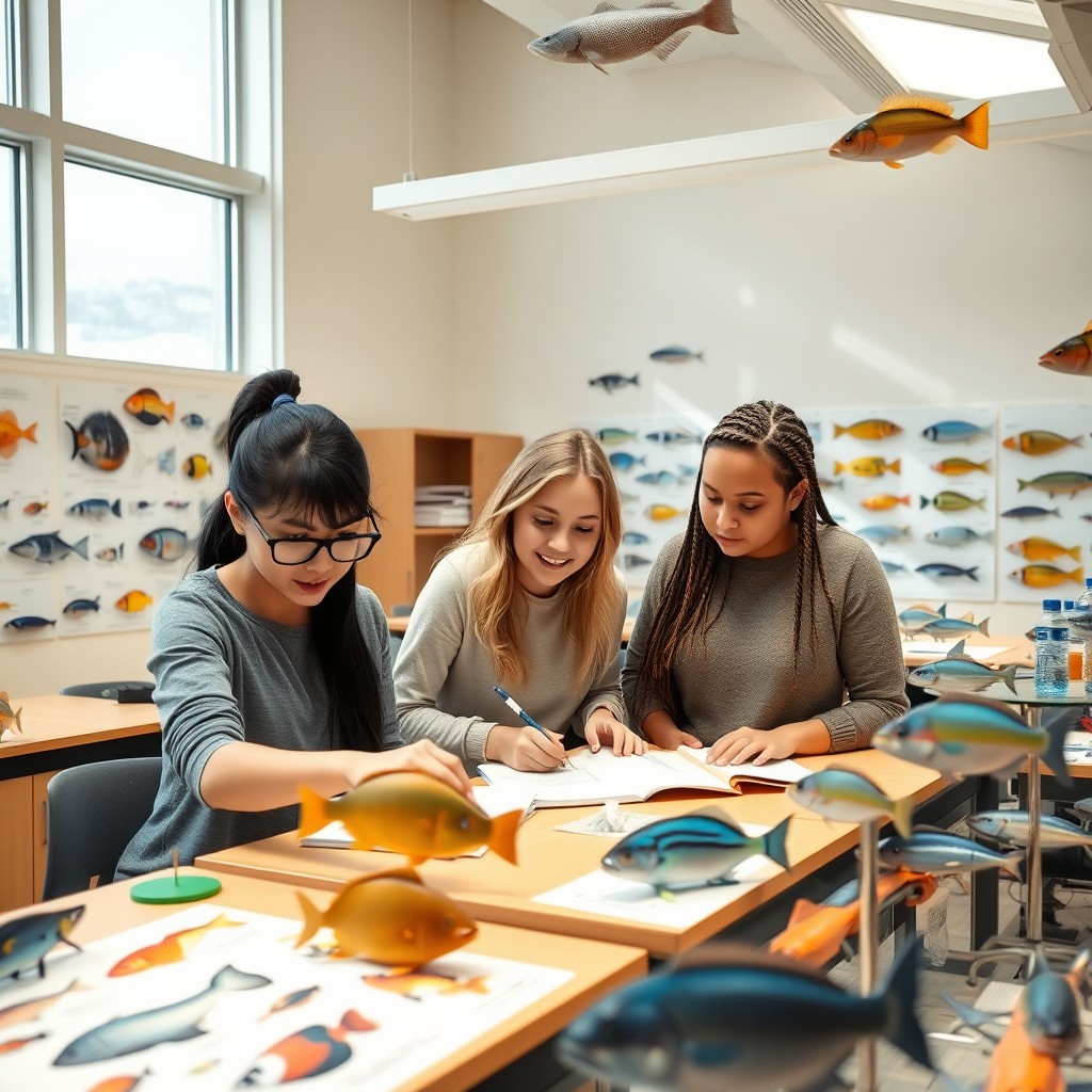 Three young women studying fish for a college project in a bright, spacious classroom