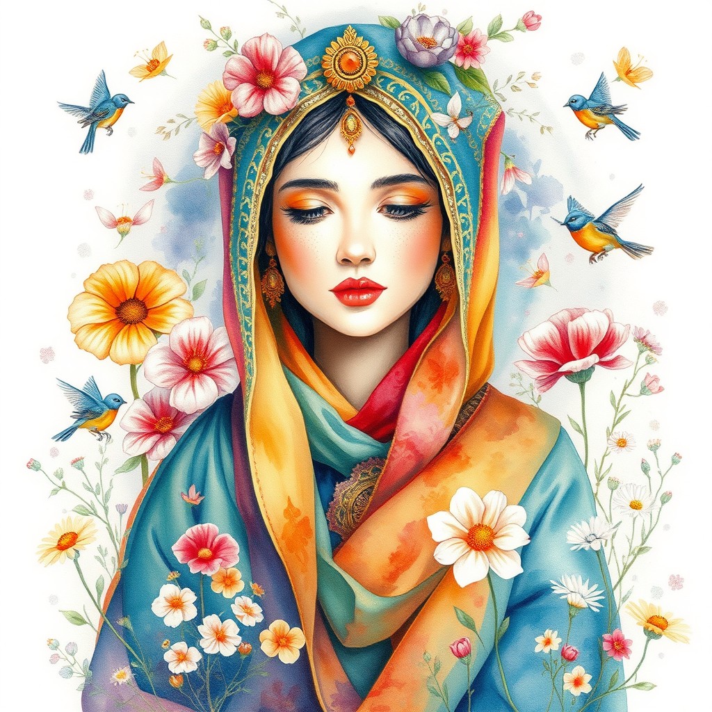 A mystical and spiritual watercolor painting featuring a beautiful Iranian woman adorned in colorful traditional clothing