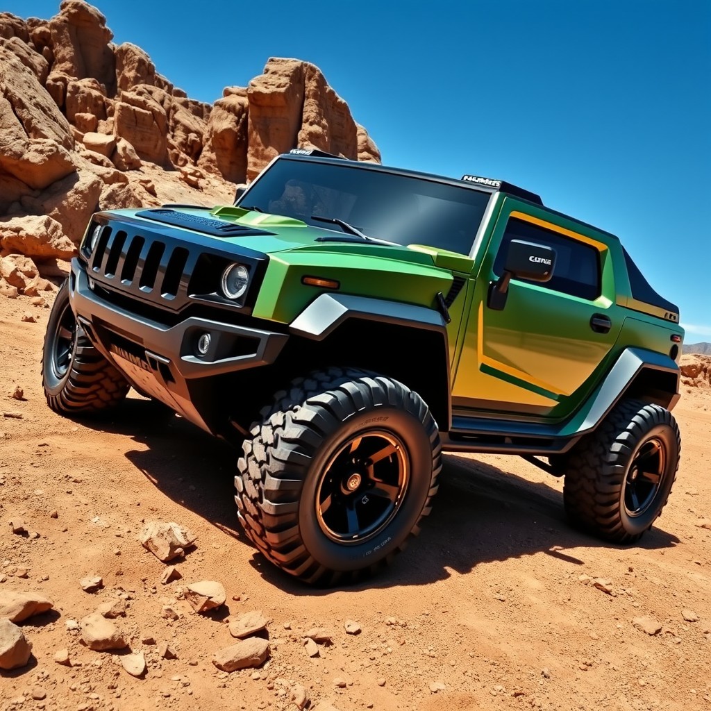 A conceptual design of a modern Hummer HX, featuring a rugged and aggressive exterior with sharp angles, a wide stance, and oversized off-road tires