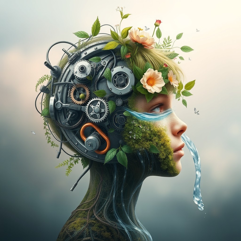 A surrealist artwork depicting a boy's head that seamlessly fuses half mechanical and half nature elements