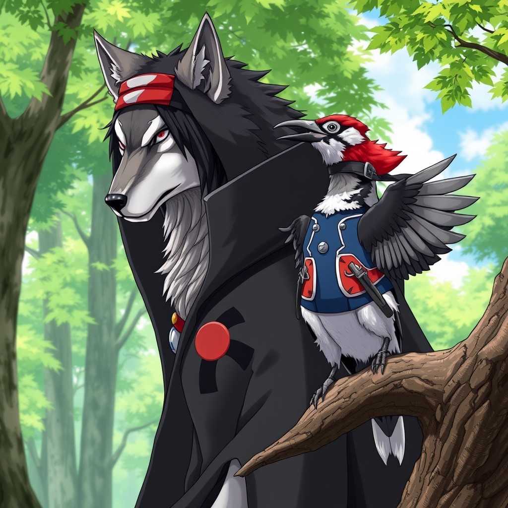 A majestic wolf adorned in an Itachi Uchiha outfit, complete with the signature Akatsuki cloak and headband, set in a forest environment, showcasing its fierce yet noble demeanor