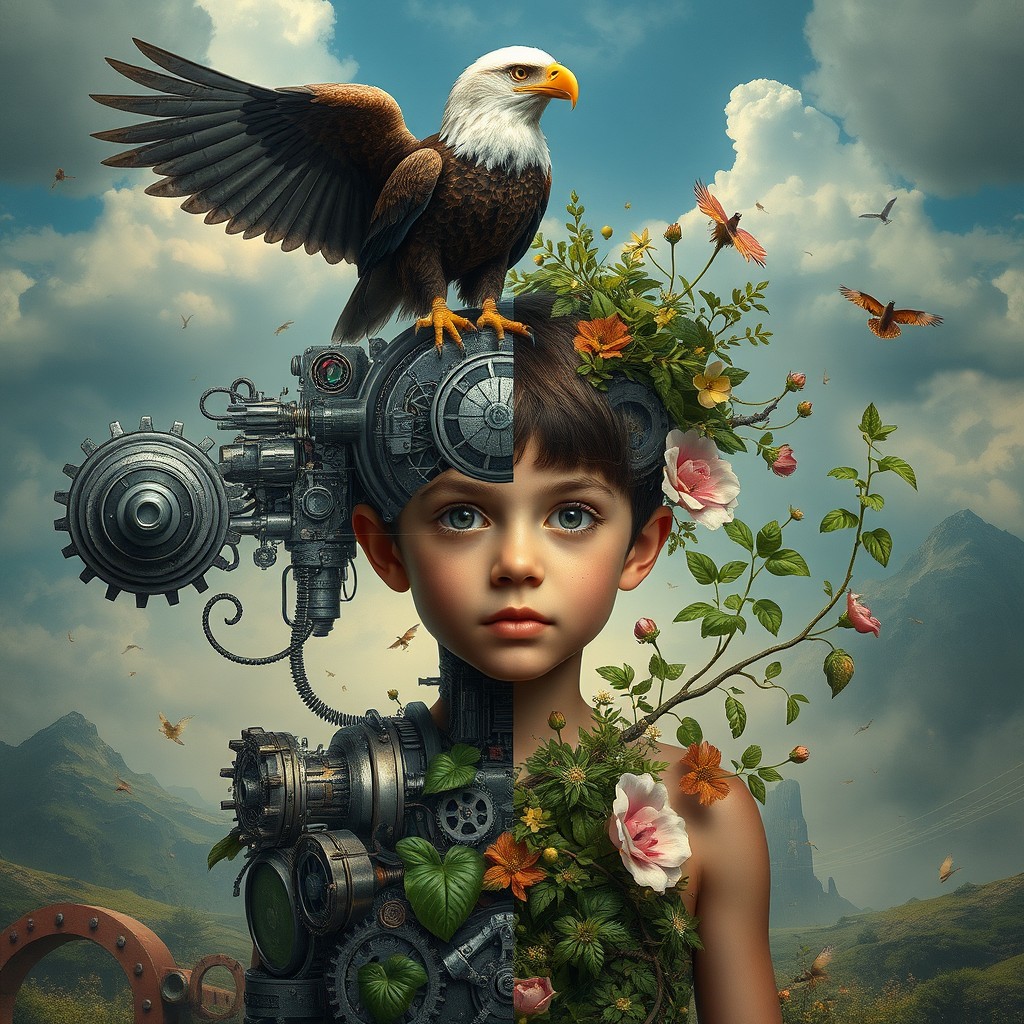 A surrealistic artwork depicting a young boy, seamlessly blending with mechanical elements on one side and lush, vibrant nature on the other