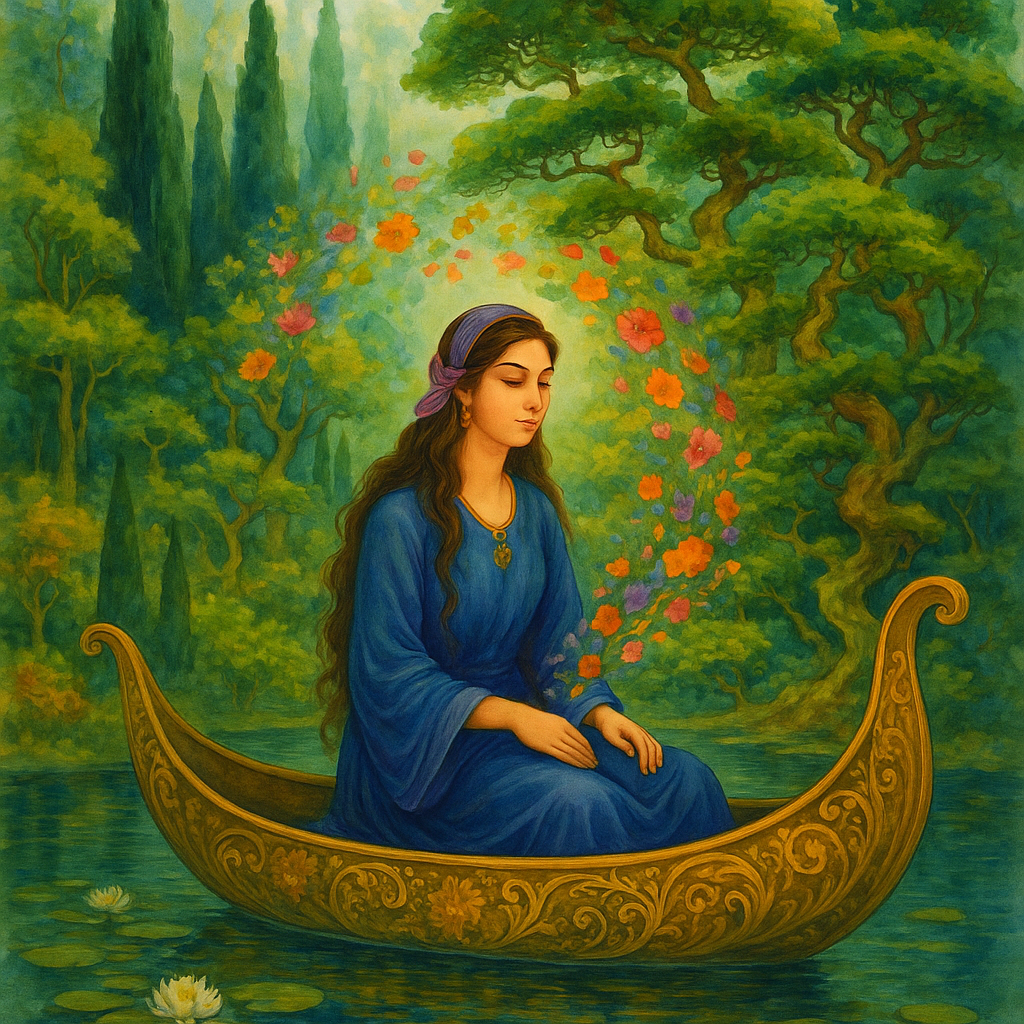 Mystical and spiritual watercolor painting of a beautiful Iranian woman sitting inside a royal boat on a beautiful and peaceful pond in a dense forest with cypress trees, plane trees, grapevines, winding bonsai trees, and a whirlwind of colorful flowers and beautiful.