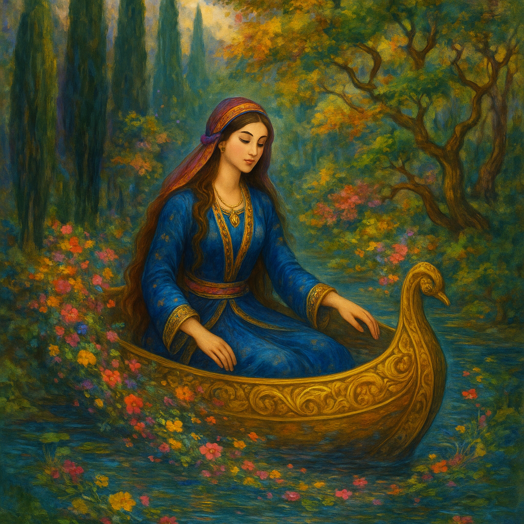 Mystical and spiritual watercolor painting of a beautiful Iranian woman sitting inside a royal boat on a beautiful and peaceful pond in a dense forest with cypress trees, plane trees, grapevines, winding bonsai trees, and a whirlwind of colorful flowers and beautiful.