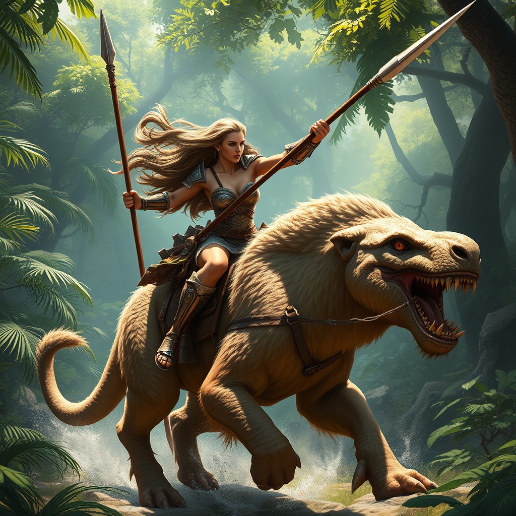 A fierce woman warrior elegantly riding a powerful smilodon, wielding a spear skillfully in her hand