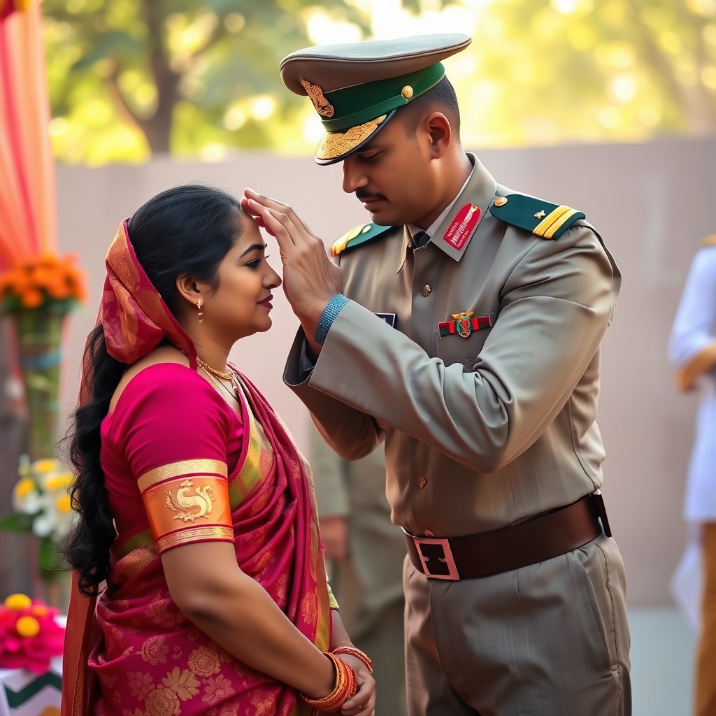 A Pakistani army captain gently applying sindoor (vermilion) on the forehead of an Indian woman in a peaceful and respectful manner