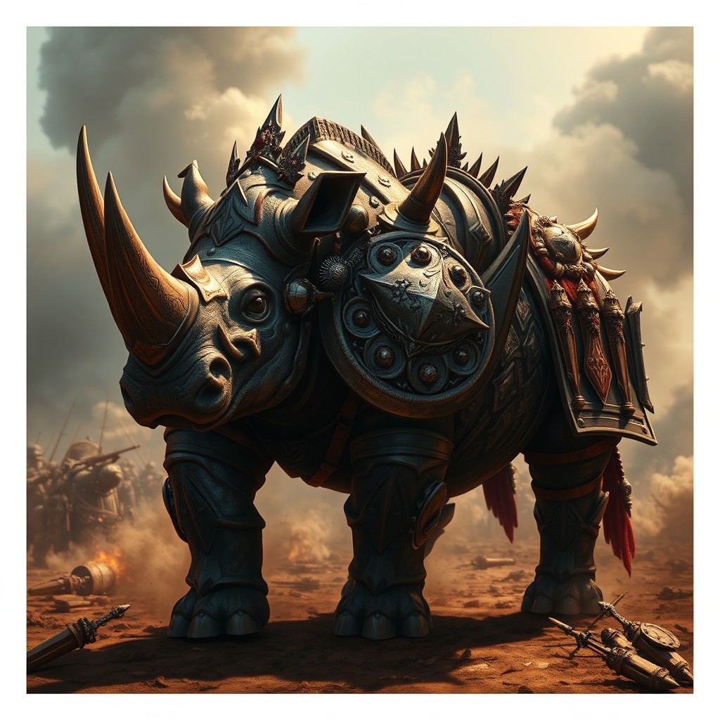 A majestic battle rhino clad in ornate and imposing armor, displaying powerful muscles and fierce determination