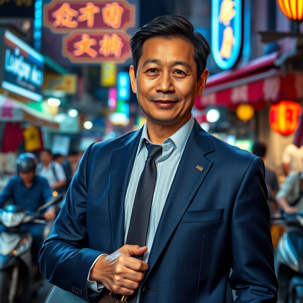 A cinematic portrait of a middle-aged Vietnamese man named Dương Trần Nguyên, standing confidently in a bustling city street