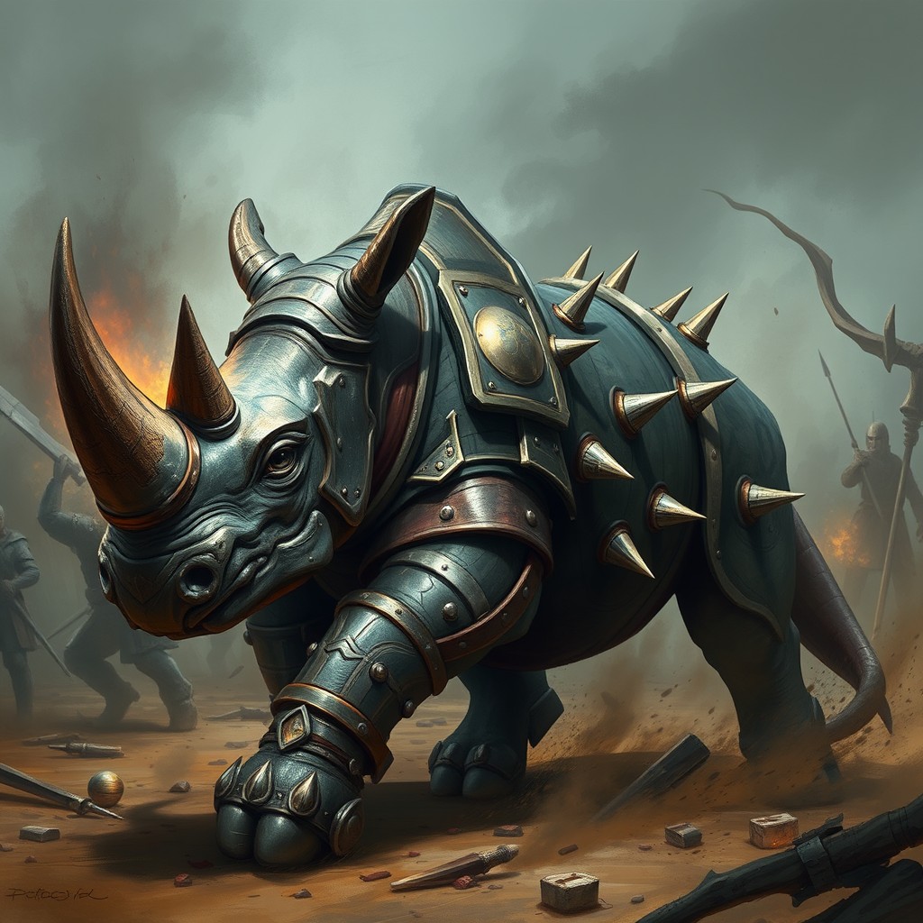 A fierce battle-ready rhino featuring three majestic horns on its head and adorned with impressive armor