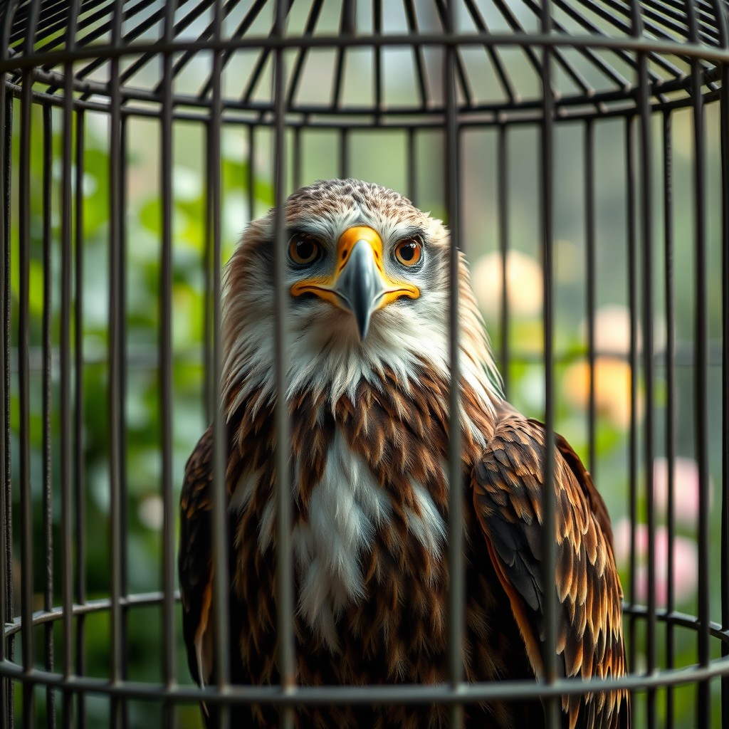 A magnificent big beautiful eagle with stunning feathers and sharp, striking eyes, enclosed within a small birdcage