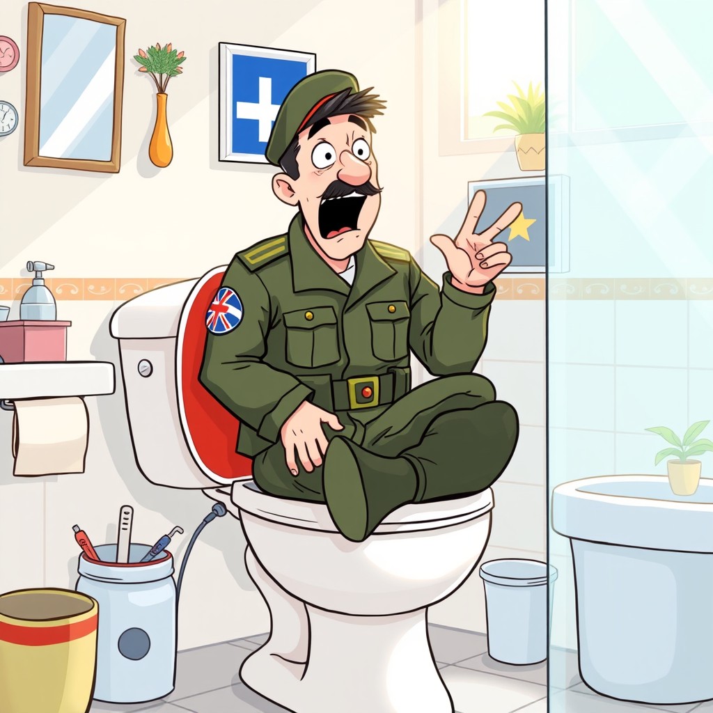 A humorous and lighthearted illustration of a Turkish soldier in a modern military uniform sitting on a toilet adorned with a Greek flag