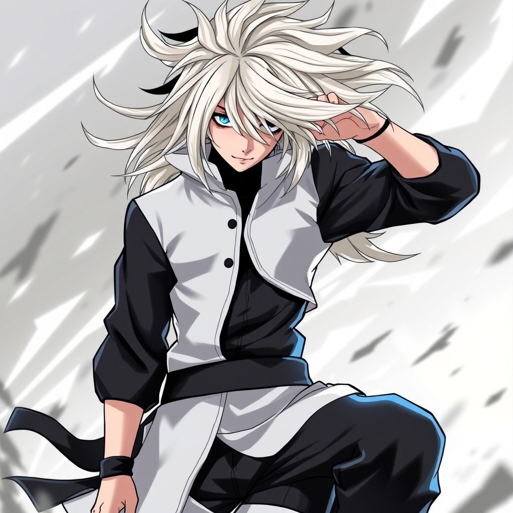 A character designed in the style of Naruto Shippuden featuring layered whitish blond ashy hair that flows dynamically