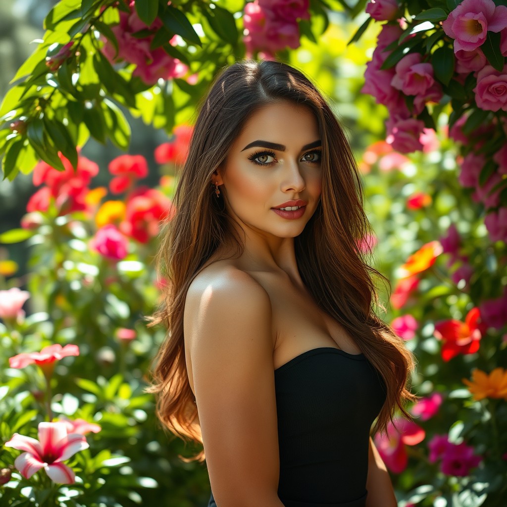 A beautiful woman standing confidently in a lush garden, with vibrant flowers blooming around her