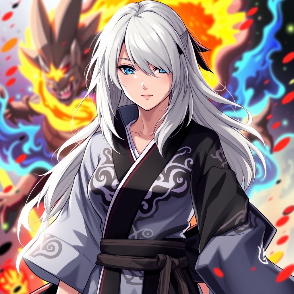 A female character designed in the style of Naruto Shippuden, showcasing layered whitish blond ashy hair that flows elegantly