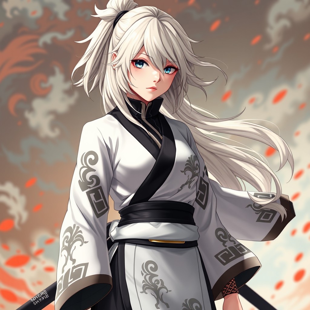 A female character crafted in the style of Naruto Shippuden, showcasing layered whitish blond ashy hair that adds a sense of depth and movement