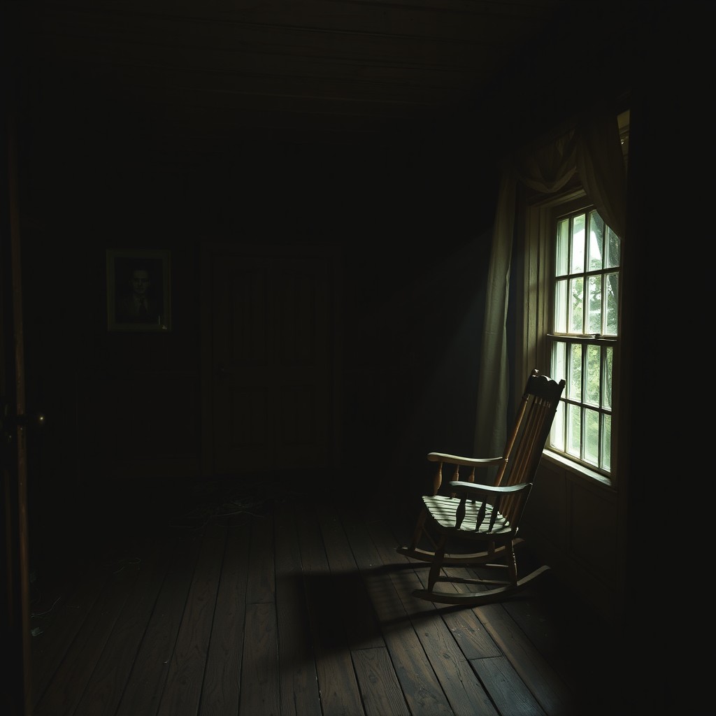 In a dimly lit, abandoned house deep in the woods, shadows flicker across the walls, hinting at a dark and chilling past