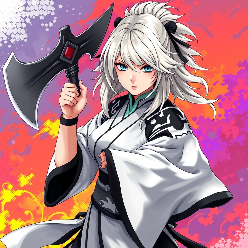 A female character designed in the style of Naruto Shippuden, featuring layered whitish blond ashy hair that adds a sense of movement