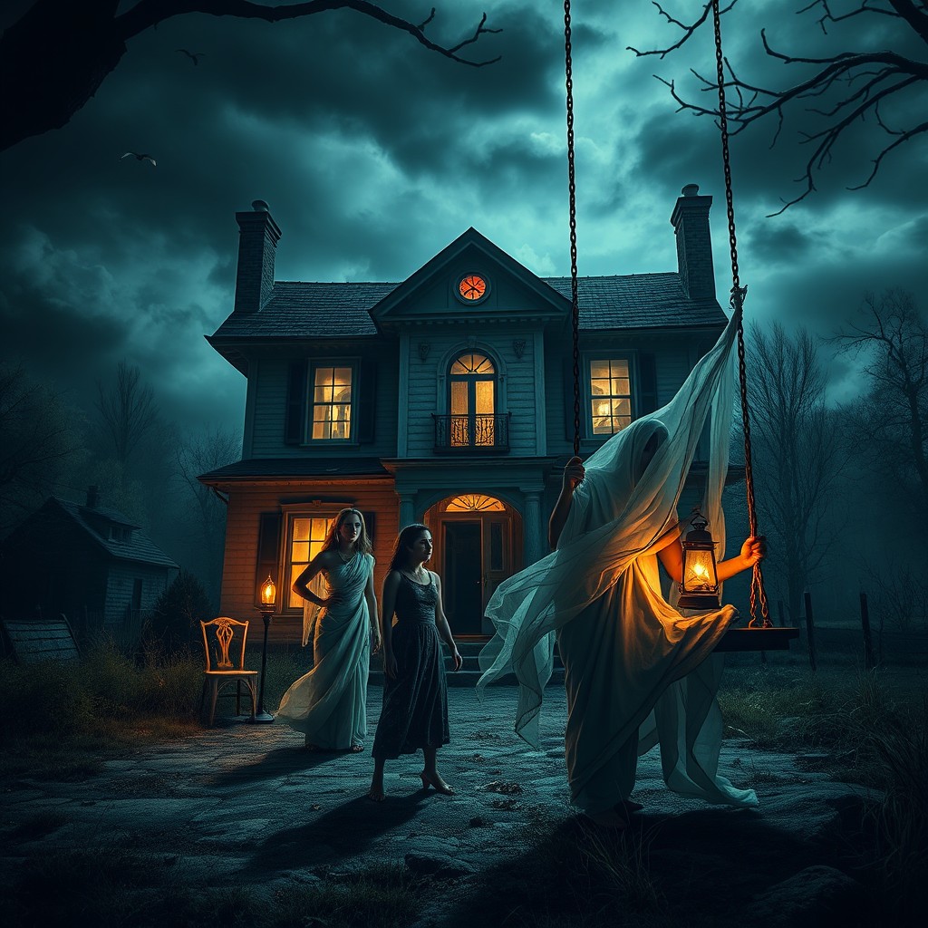 An eerie, abandoned mansion located on the edge of a desolate village at night
