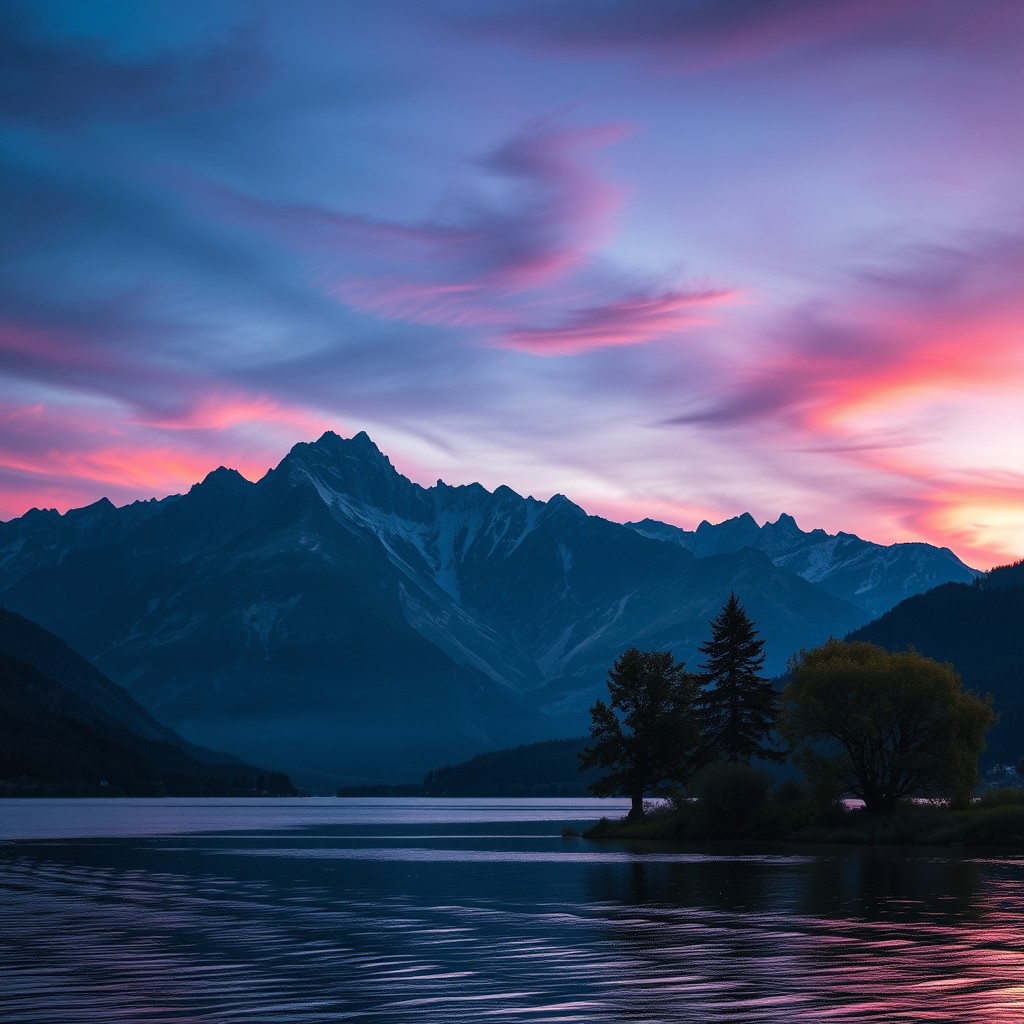 A stunning landscape view of a majestic mountain range under a twilight sky