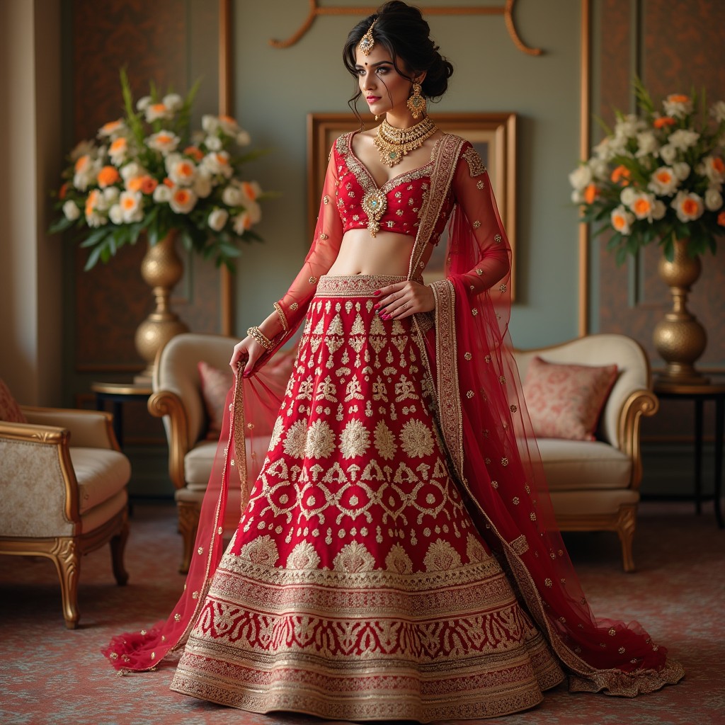 A stunning Indian bride wearing elegant high heels, showcasing vibrant traditional attire with intricate embroidery and rich colors