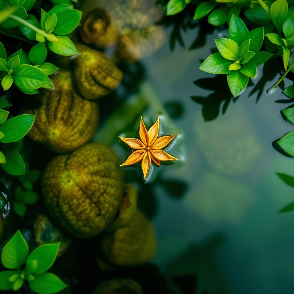A serene image of almost transparent marine water with green reflections surrounding it, featuring a vibrant star anise flower prominently positioned in the center