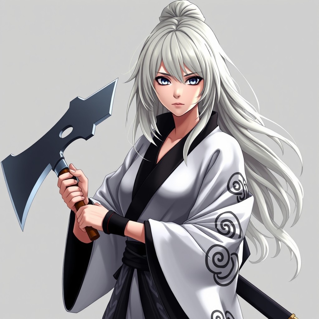 A female character designed in the style of Naruto Shippuden, featuring layered whitish blond ashy hair that flows gracefully
